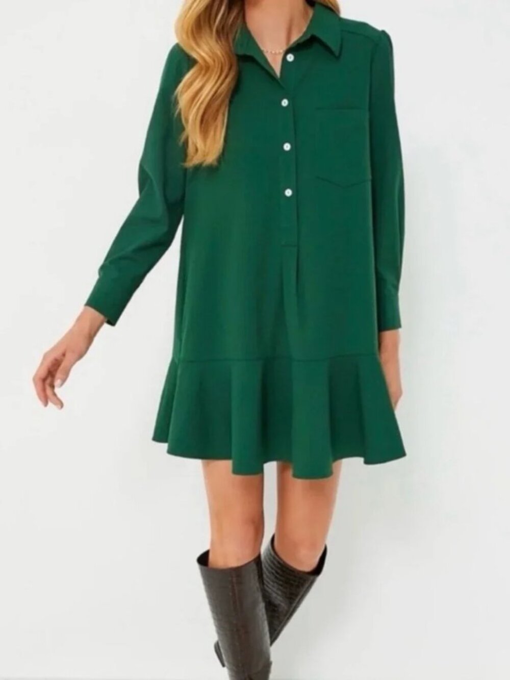 Tuckernuck Green Callahan Crepe Shirt Dress Size Large Long Sleeves Drop Waist